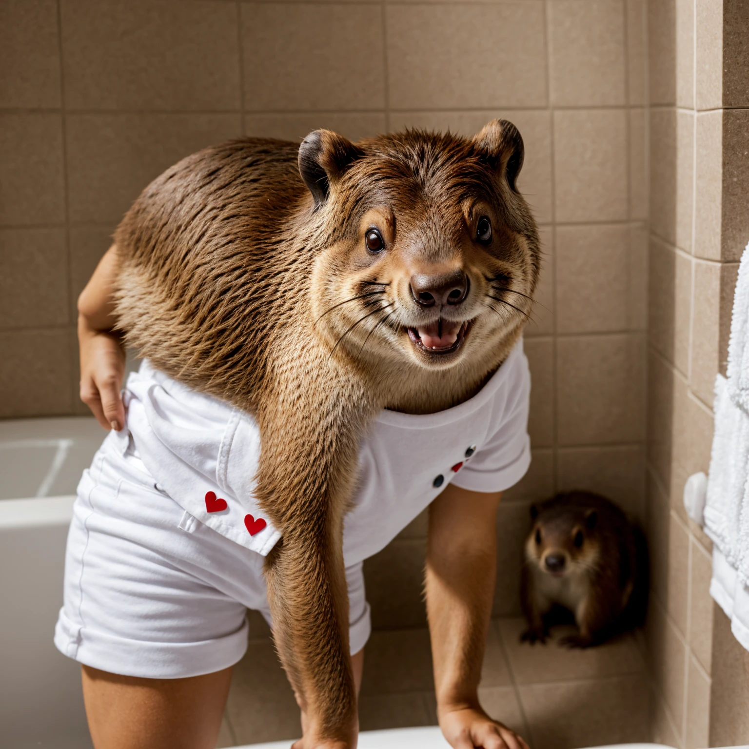 Cute beaver photo, in bathroom, wearing white shorts with red hearts, smiling, 1 beaver