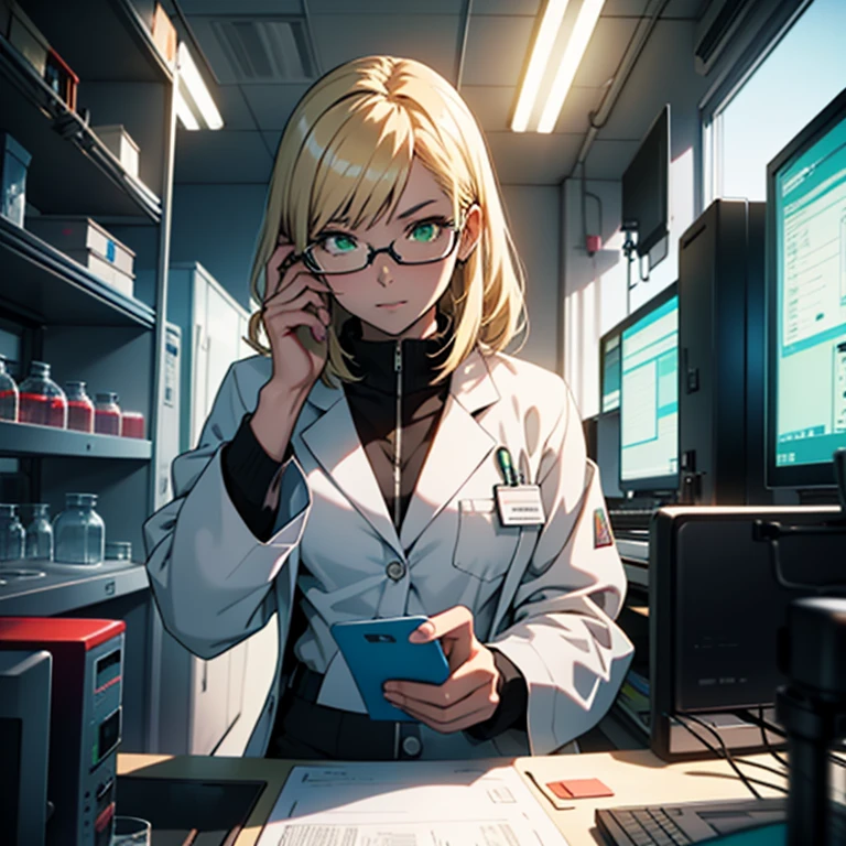 lab, young female, scientist, lab coat, blonde hair, call, futuristic, anime, ray tracing, ultra hd, masterpiece, high resolution, tech, single, glasses, green eyes