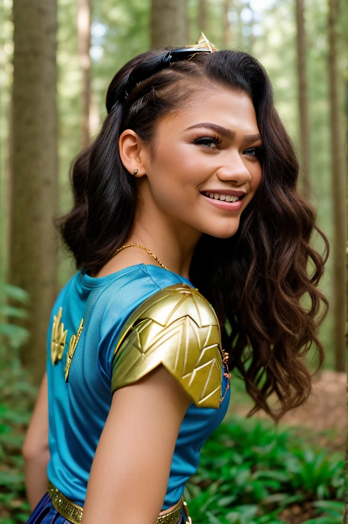 zendaya | Female | 26 years old | Wearing the Wonder Woman costume, consisting of red and blue armor with gold details, short sleeves and a skirt. Accessories: silver tiara with stars, Triforce pendant and silver bracelets. The colors and style are faithful to the character's original appearance in the Wonder Woman comic book series. Short haircut with one side shaved and the other longer, with loose curls, in black. The shaved sides add a modern and daring touch, while the long curls add an element of sophistication. The vibrant black color is the icing on the cake, making this style truly unique. Blue eyes sparkle with joy while the radiant smile reveals the teeth, creating an expression of happiness and contentment. An enchanted forest with tall trees and thick trunks, stretching up to the sky. The dense green leaves create a natural canopy, which filters the sun's rays and creates a magical light effect. The ground is covered with a carpet of colorful flowers, which open and close at the sign of the wind. Dc Comics, Comics, Wonder Woman