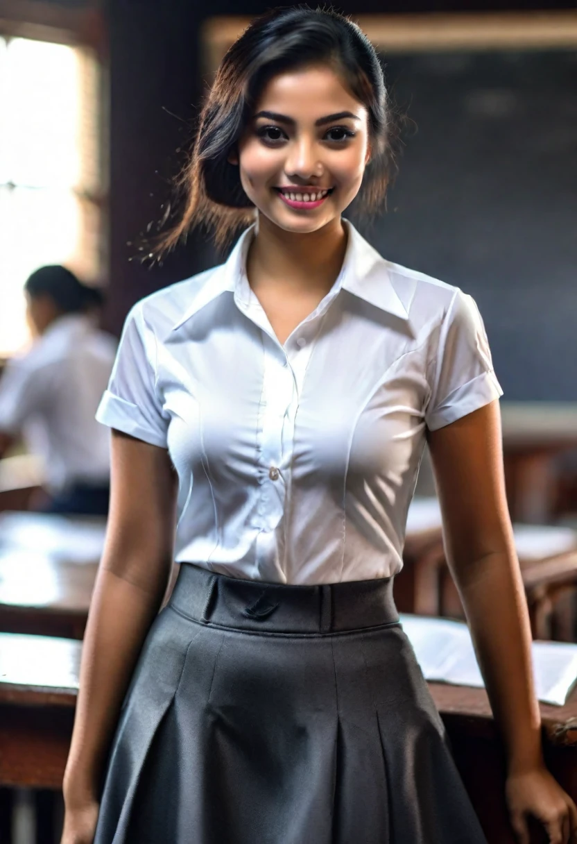 ((malay beautiful girl:1.5)) ((20 years)) ((jakarta high school)) ((school uniforms:1.4)) ((panty shot:1.5)) ((full white shirt with unbutton)) ((high school)),((blueish grey long skirt:1.2)),white collar, open collar until chest, no blueish grey tie, ((in the class room:1.3)) ((thin_fabric:1.4)) ((random sexy pose:1.3)) ((sweaty:1.3))((face is flushed:1.4)) ((big breasts:1.5)) ((close-up:1.2)) best quality,masterpiece,ultra high res,(photorealistic:1.4),raw photo,(Authentic skin texture:1.3),(film grain:1.3),panorama,character portrait,very wide shot,narrow waist,cowboy shot,(in the dark, deep shadow, low key, cold light,) night,(()),streaming tears,,dust,Tyndall effect,(expression),1girl,beautiful detailed eyes and face,white jabot,brown eyes,((black hair:1.2)) ((full body:1.3)) ((smile:1.3)) ((short hair:1.1)) ((osis school logo only on chest,))((small head))((short sleeves))