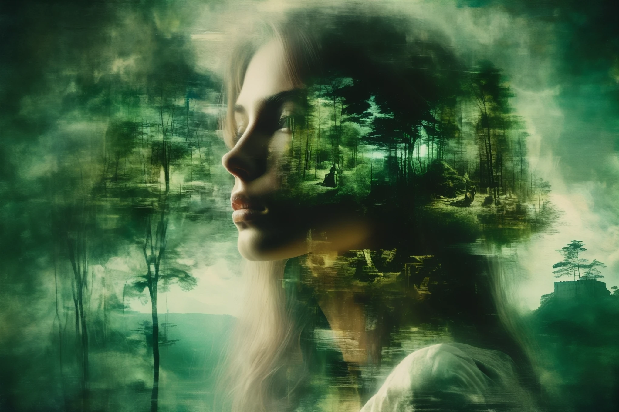 double exposure: Portrait oil painting, from ((transparent young Amazon woman with a deep green double exposure forest in her head)), we see a double exposure on her face and the background of the green forest, an exquisitely beautiful and warlike face, in clothes from the era of the Conquest against the backdrop of a forest and a lost fortress, 3/4 View profile, luxurious figure, in full armor, Moody cut-off lighting, high resolution