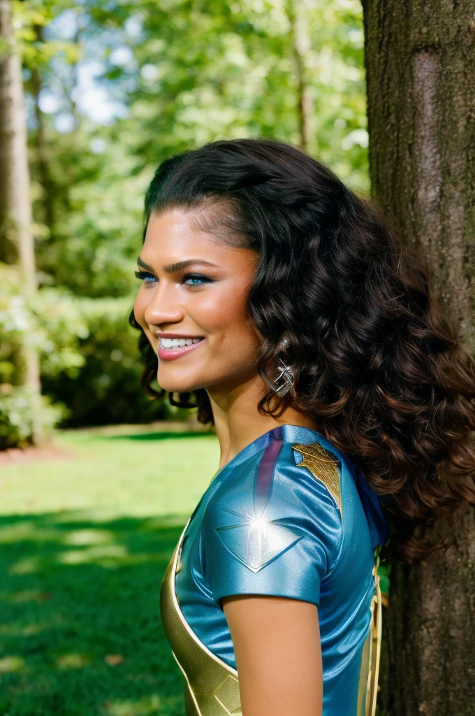 zendaya | Female | 26 years old | Wearing the Wonder Woman costume, consisting of red and blue armor with gold details, short sleeves and a skirt. Accessories: silver tiara with stars, Triforce pendant and silver bracelets. The colors and style are faithful to the character's original appearance in the Wonder Woman comic book series. Short haircut with one side shaved and the other longer, with loose curls, in black. The shaved sides add a modern and daring touch, while the long curls add an element of sophistication. The vibrant black color is the icing on the cake, making this style truly unique. Blue eyes sparkle with joy while the radiant smile reveals the teeth, creating an expression of happiness and contentment. An enchanted forest with tall trees and thick trunks, stretching up to the sky. The dense green leaves create a natural canopy, which filters the sun's rays and creates a magical light effect. The ground is covered with a carpet of colorful flowers, which open and close at the sign of the wind. Dc Comics, Comics, Wonder Woman
