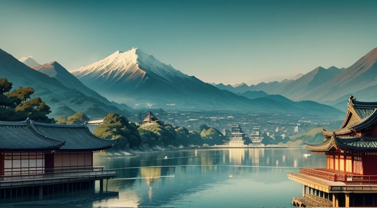 Utagawa Hiroshige style, amazing place, many humans, with water, Contemporary Building, complex big city