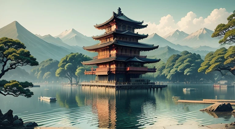 Utagawa Hiroshige style, amazing place, many humans, with water, Contemporary Building, complex big city  