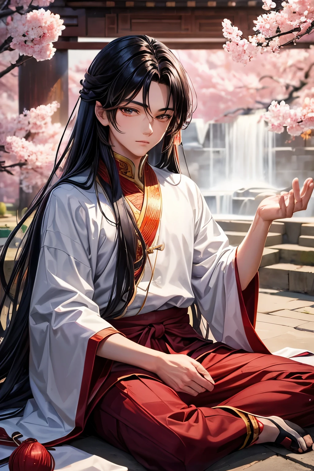 Close-up A 15 years old young guy with long hair wear Chinese custom, he is in perfect beautiful pose. he is in A secluded courtyard within an ancient temple, with blooming cherry blossoms and the soothing sound of a nearby waterfall, Semi-Real art for Novel, Manhua style, Manhwa style, anime style.
