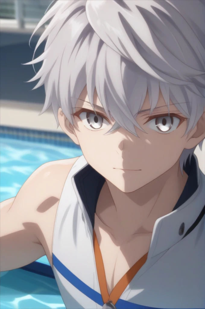 score_9, score_8_up, score_7_up, source_anime, rating_safe, , (photorealistic:0.6), looking at viewer, depth of field, 1boy, solo, male focus, lugh_tuatha_de, grey hair, grey eyes, short hair, hair between eyes, bangs, from above, full body, pool, indoors, dark, floating, light smile, candy costume, 