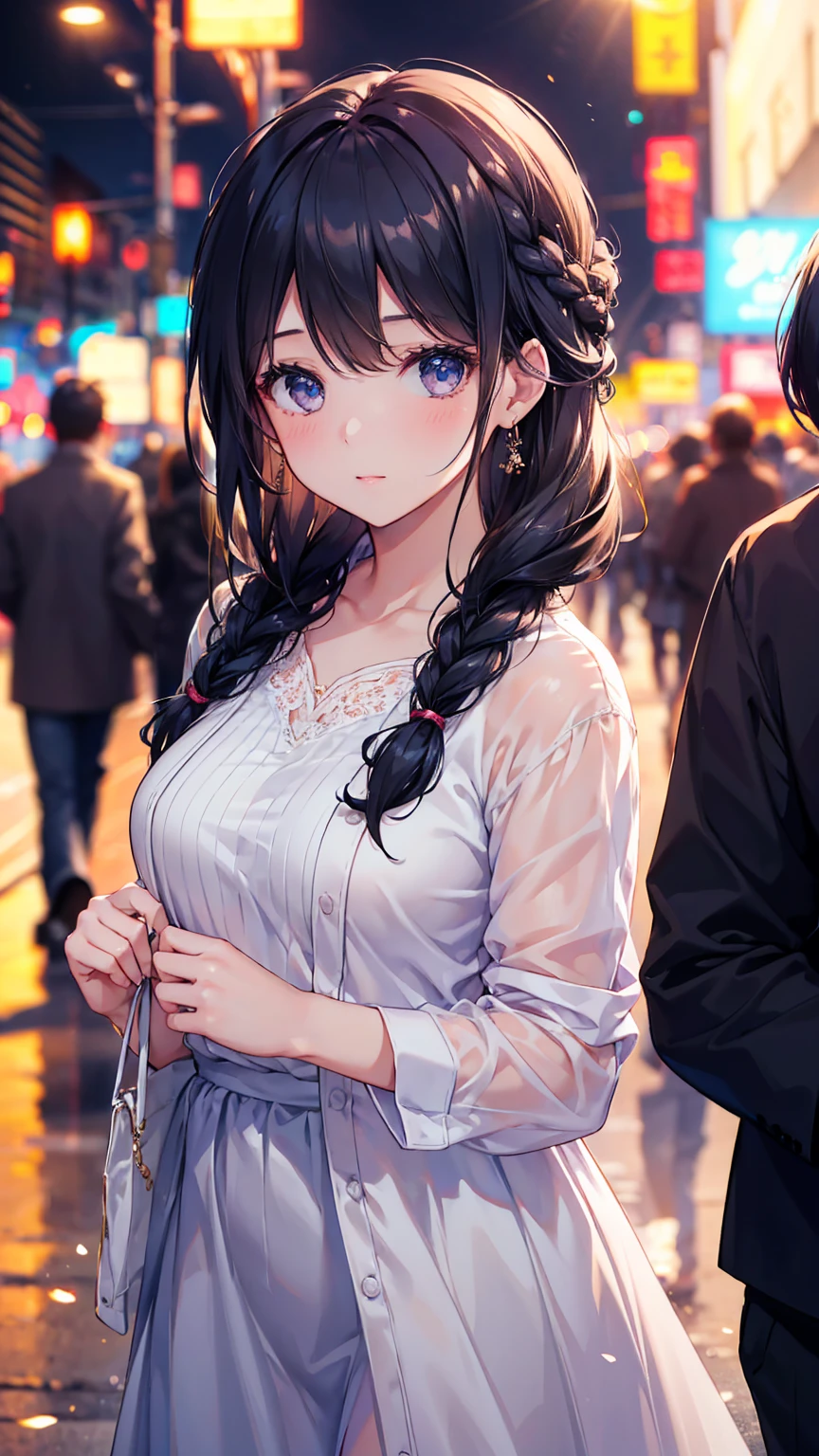 best quality, Realistic, 1 girl, Miss,(skin dimpling), Mid-chest, (bright), (professional lighting, Bokeh), (street), people, crowd, Braided Bangs, (Women's shirts:1.5), (Wear:0.8), Gorgeous, Bloom, flowing hair, (dynamic poses:0.6) , soft light,