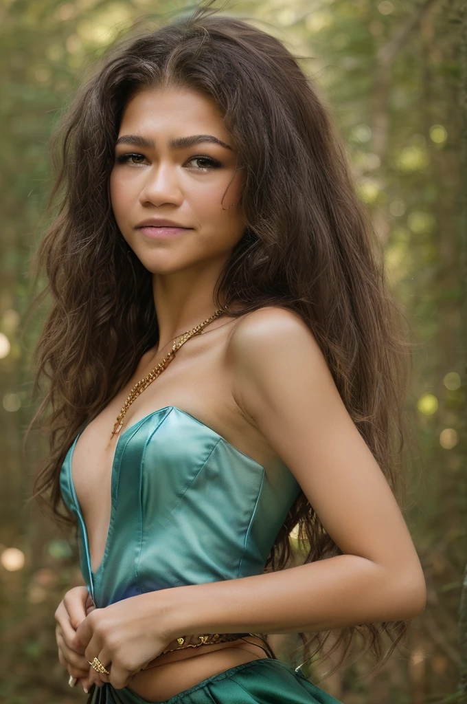 Zendaya | Female | 22 years old | Wearing the Wonder Woman costume, consisting of red and blue armor with gold details, short sleeves and a skirt. Accessories: silver tiara with stars, Triforce pendant and silver bracelets. The colors and style are faithful to the character's original appearance in the Wonder Woman comic book series. Short haircut with one side shaved and the other longer, with loose curls, in black. The shaved sides add a modern and daring touch, while the long curls add an element of sophistication. The vibrant black color is the icing on the cake, making this style truly unique. Blue eyes sparkle with joy while the radiant smile reveals the teeth, creating an expression of happiness and contentment. An enchanted forest with tall trees and thick trunks, stretching up to the sky. The dense green leaves create a natural canopy, which filters the sun's rays and creates a magical light effect. The ground is covered with a carpet of colorful flowers, which open and close at the sign of the wind. Dc Comics, Comics, Wonder Woman
