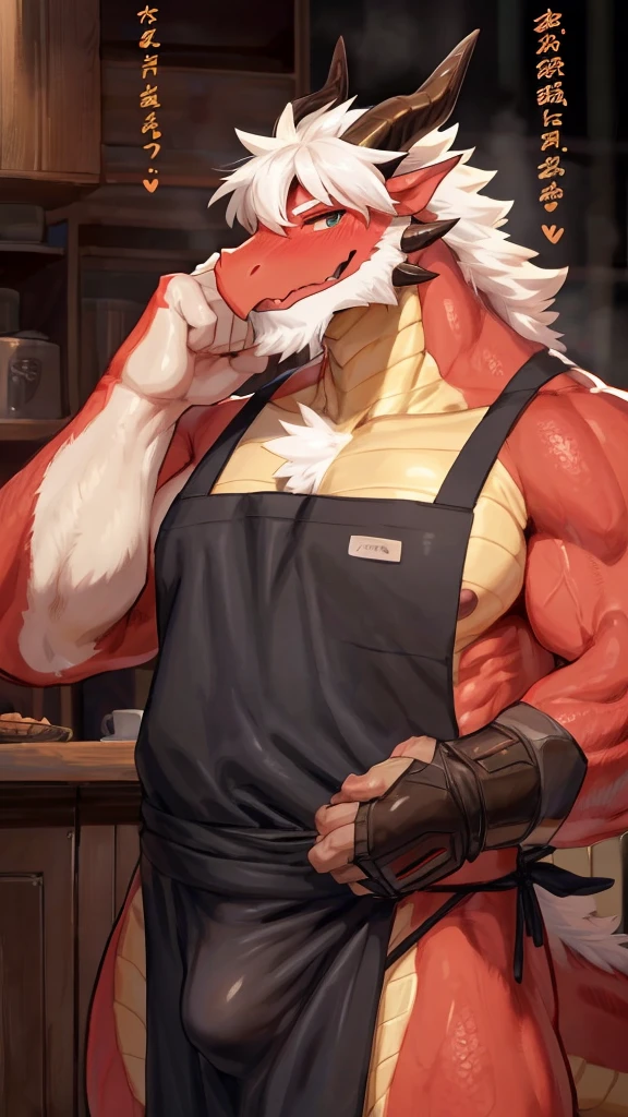 (Best quality: 1.0), (Super High Resolution: 1.0), (masterpiece, best quality:1.2), detailed, detailed hands, detailed eyes, score_9, score_8_up, score_7_up, furry, anthro, ((dragon)), ((solo)), grandpa, (about 70 years old), (manly), horns, handsome face, huge, bangs, white beard, beard above mouth, fluffly fur, nipples, looking pleasured, sexually, sexy pose, NSFW, (apron), nude, bulge, flaccid, in heat, panting, sweat, sweaty, musk, (skinny, shy), hands touching, (looking at viewer, shy), blushes:0.3, side view, first person view, close up view, (by bebebebebe, by syuro)