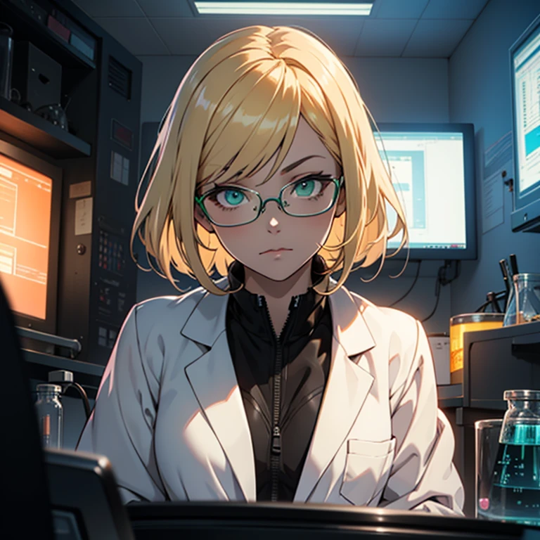 lab, young female, scientist, lab coat, blonde hair, call, futuristic, anime, ray tracing, ultra hd, masterpiece, high resolution, tech, single, glasses, green eyes