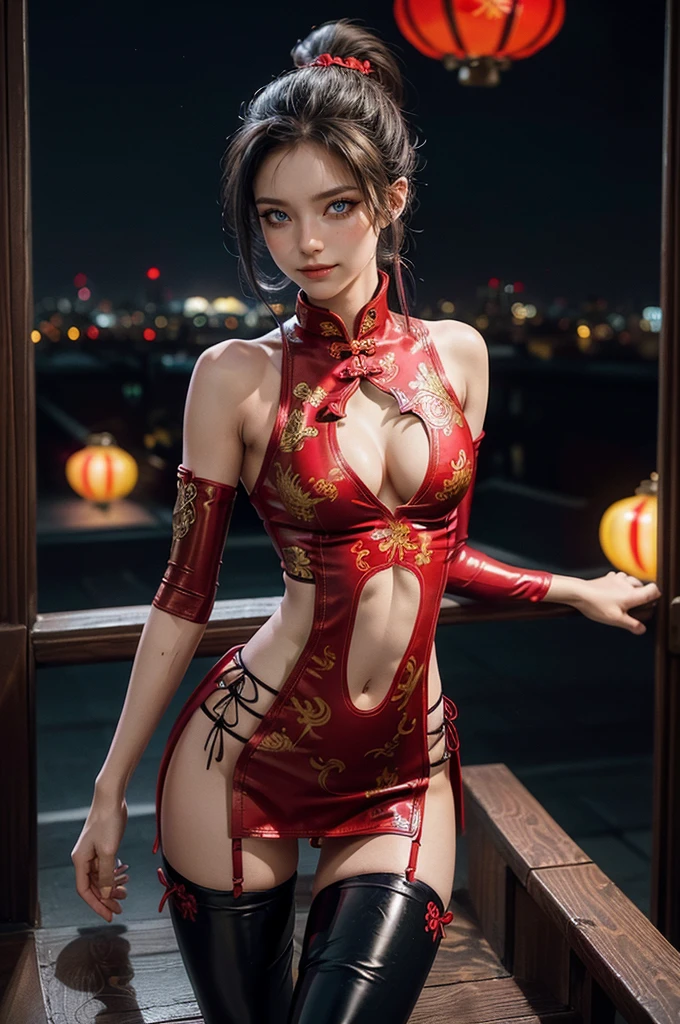 (RAW photo, best quality), Cute girl with short black hair, (ponytail), (city roof at night background), low light , dark eyeliner, cute smile, gorgeous face , super cute, 18 years old , young looking, hyper detailed face, dark eyeliner, (medium breast), (thin waist, super slender), (bare shoulders, (exposed hips), skintight and red PVC qipao china dress with yellow dragon decoration and vivid patterns, deep black leather thigh high boots, red PVC arm sleeves with yellow flower decorations and vivid patterns, cleavage, ((both hands on waist)), one leg in front of the other, (((very extremely small small navel exposure)))