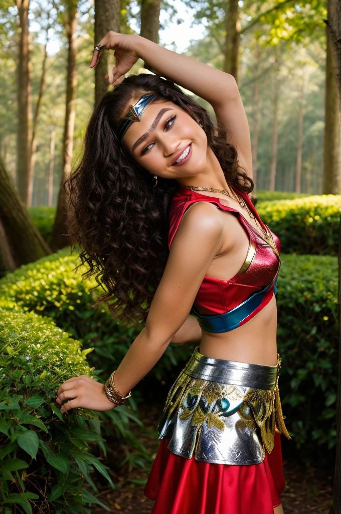 zendaya | Female | 26 years old | Wearing the Wonder Woman costume, consisting of red and blue armor with gold details, short sleeves and a skirt. Accessories: silver tiara with stars, Triforce pendant and silver bracelets. The colors and style are faithful to the character's original appearance in the Wonder Woman comic book series. Short haircut with one side shaved and the other longer, with loose curls, in black. The shaved sides add a modern and daring touch, while the long curls add an element of sophistication. The vibrant black color is the icing on the cake, making this style truly unique. Blue eyes sparkle with joy while the radiant smile reveals the teeth, creating an expression of happiness and contentment. An enchanted forest with tall trees and thick trunks, stretching up to the sky. The dense green leaves create a natural canopy, which filters the sun's rays and creates a magical light effect. The ground is covered with a carpet of colorful flowers, which open and close at the sign of the wind. Dc Comics, Comics, Wonder Woman