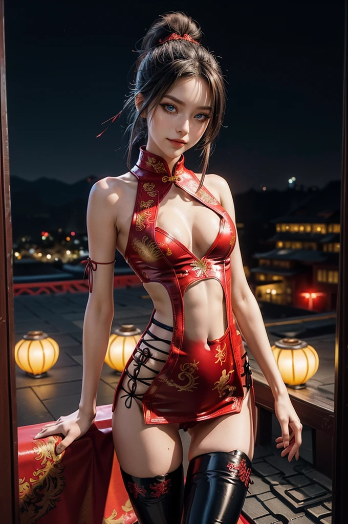 (RAW photo, best quality), Cute girl with short black hair, (ponytail), (city roof at night background), low light , dark eyeliner, cute smile, gorgeous face , super cute, 18 years old , young looking, hyper detailed face, dark eyeliner, (medium ), (thin waist, super slender), (bare shoulders, (exposed hips), skintight and red PVC qipao china dress with yellow dragon decoration and vivid patterns, deep black leather thigh high boots, red PVC arm sleeves with yellow flower decorations and vivid patterns, cleavath hands on waist)), one leg in front of the other, (((very extremely small small navel exposure)))