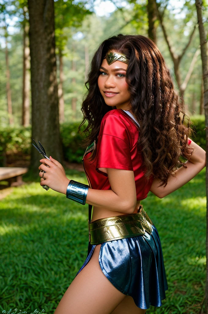 zendaya | Female | 26 years old | Wearing the Wonder Woman costume, consisting of red and blue armor with gold details, short sleeves and a skirt. Accessories: silver tiara with stars, Triforce pendant and silver bracelets. The colors and style are faithful to the character's original appearance in the Wonder Woman comic book series. Short haircut with one side shaved and the other longer, with loose curls, in black. The shaved sides add a modern and daring touch, while the long curls add an element of sophistication. The vibrant black color is the icing on the cake, making this style truly unique. Blue eyes sparkle with joy while the radiant smile reveals the teeth, creating an expression of happiness and contentment. An enchanted forest with tall trees and thick trunks, stretching up to the sky. The dense green leaves create a natural canopy, which filters the sun's rays and creates a magical light effect. The ground is covered with a carpet of colorful flowers, which open and close at the sign of the wind. Dc Comics, Comics, Wonder Woman
