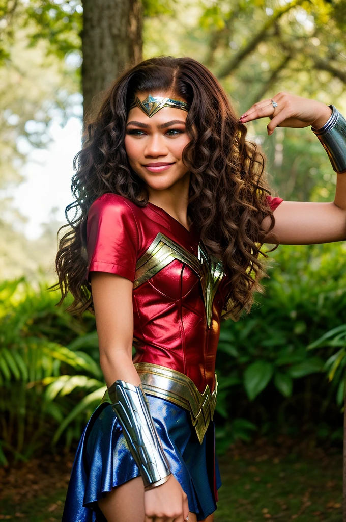 zendaya | Female | 26 years old | Wearing the Wonder Woman costume, consisting of red and blue armor with gold details, short sleeves and a skirt. Accessories: silver tiara with stars, Triforce pendant and silver bracelets. The colors and style are faithful to the character's original appearance in the Wonder Woman comic book series. Short haircut with one side shaved and the other longer, with loose curls, in black. The shaved sides add a modern and daring touch, while the long curls add an element of sophistication. The vibrant black color is the icing on the cake, making this style truly unique. Blue eyes sparkle with joy while the radiant smile reveals the teeth, creating an expression of happiness and contentment. An enchanted forest with tall trees and thick trunks, stretching up to the sky. The dense green leaves create a natural canopy, which filters the sun's rays and creates a magical light effect. The ground is covered with a carpet of colorful flowers, which open and close at the sign of the wind. Dc Comics, Comics, Wonder Woman
