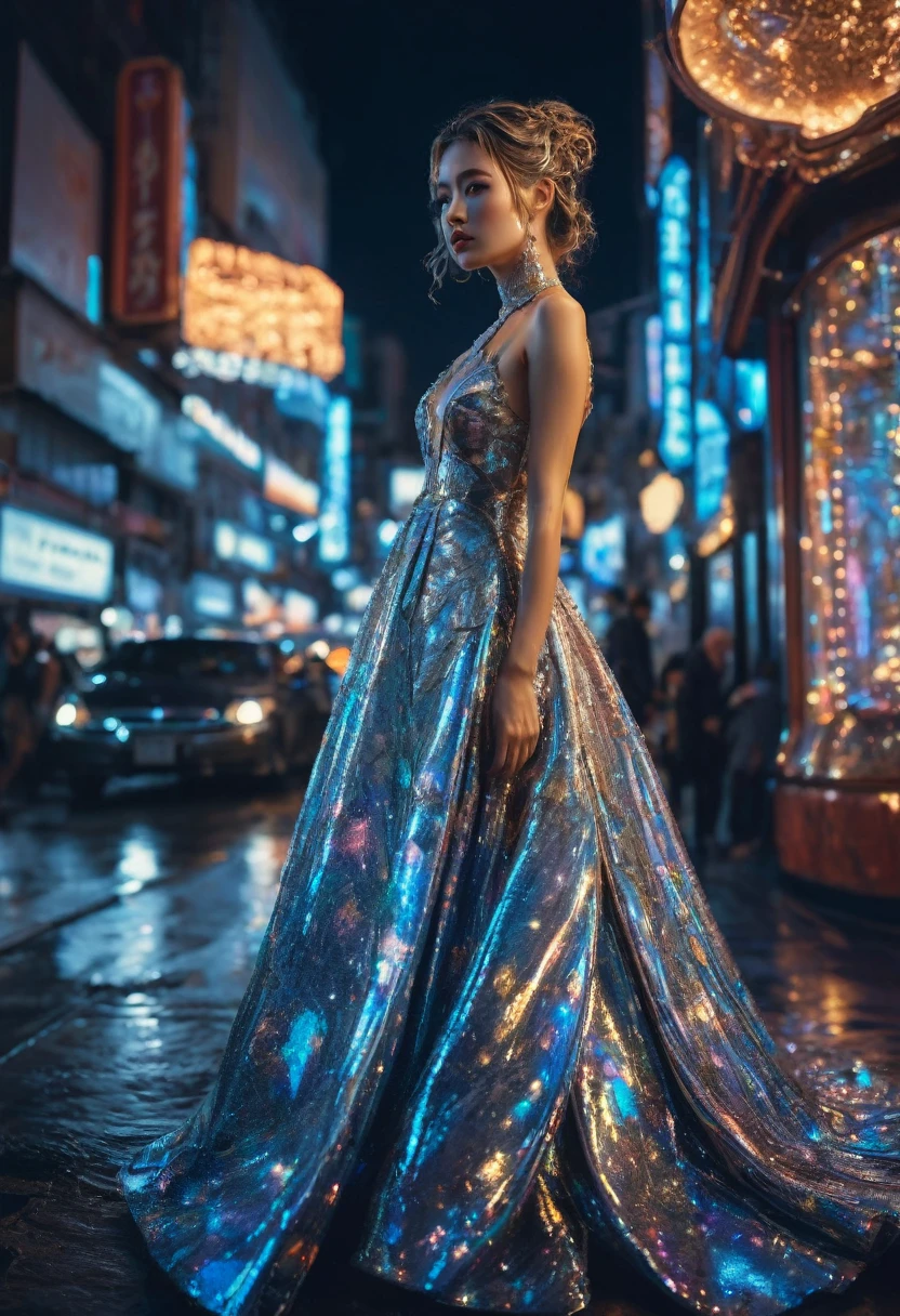Evening Dress, theater, by hajime sorayama and Brandon Woelfel, 35mm photograph, bokeh, best quality, masterpiece, very aesthetic, perfect composition, intricate details, ultra-detailed