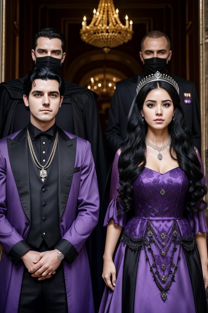 two people are celebrating a birthday, a man and a woman, Faceless man wearing black mask no face, men vest outfit, men black hair and cruel-faced woman , Women with long, curly platinum hair, women wear crown, women royal purple dresses, Women Wear an amethyst necklace