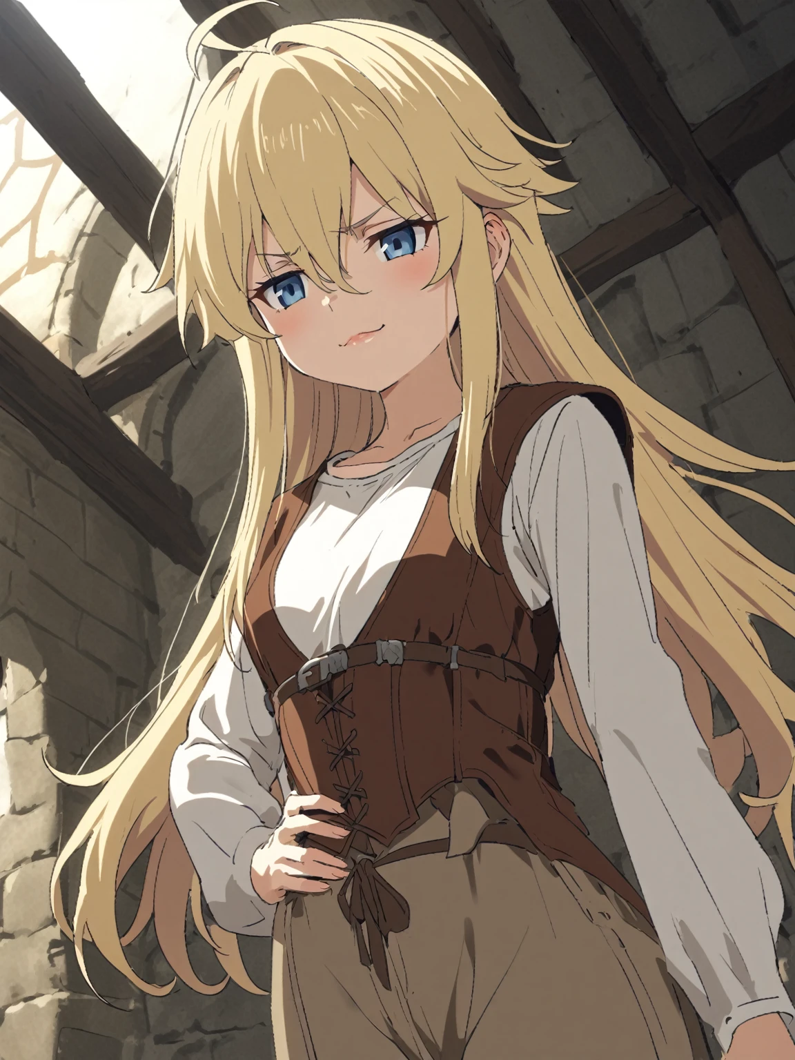 {{upper body, dutch angle}} {{Artist: sincos}} 1girl, blue eyes, blond hair, long hair, spiky hair, hair between eyes, long sidelocks, tied sidelocks, asymmetrical sidelocks, small breasts, young female, ahoge, white t-shirt, long sleeves, brown boots, light brown pants, smug, tsurime, hand on own waist, tall woman, lips, pov, medieval fantasy.