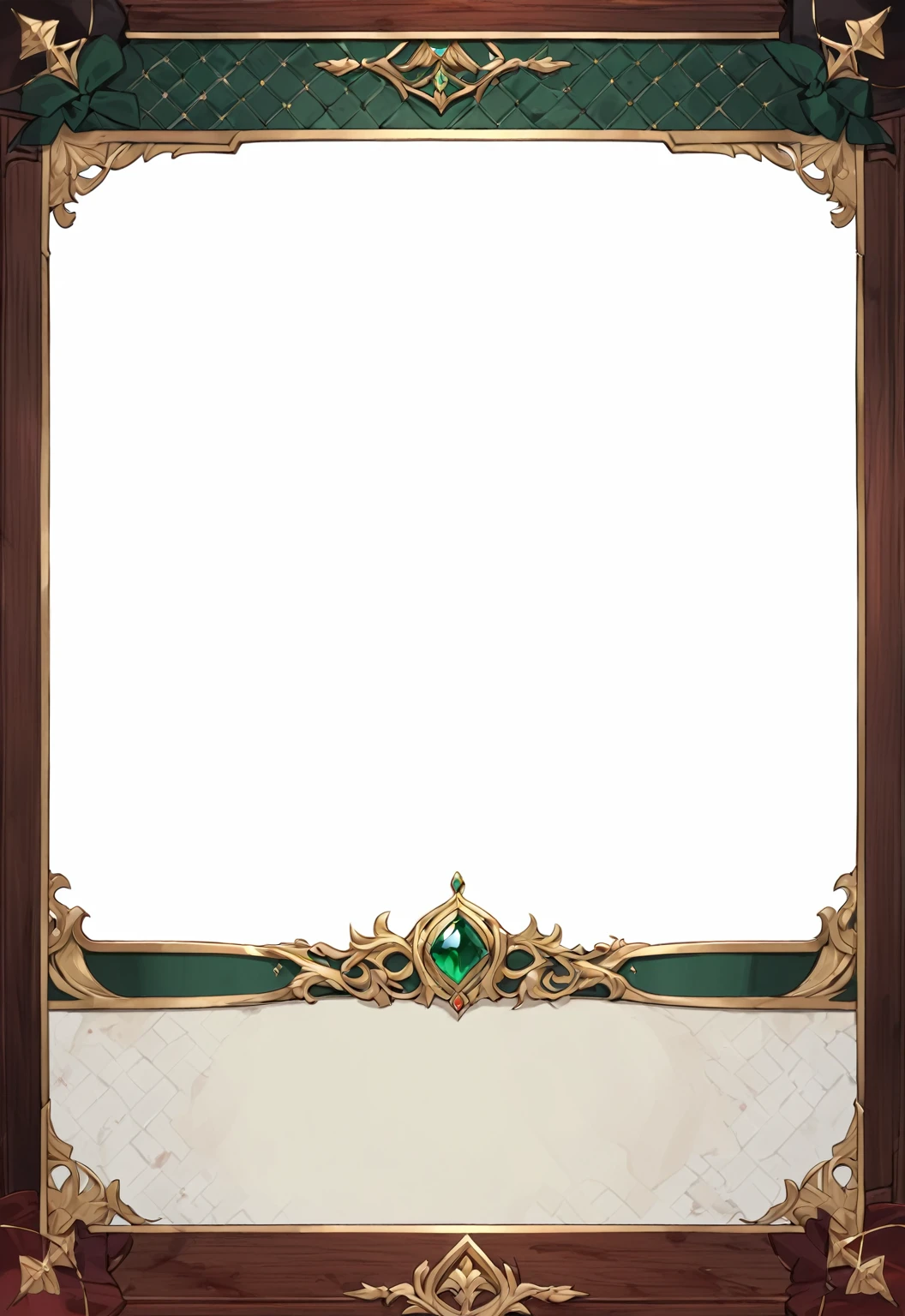 A card border UI，Medieval European aristocracy design，Noble and elegant dark style，Redwood frame，Parchment backing，There are blood stains on it。Deep Red、Emerald Green、Gold main tone。