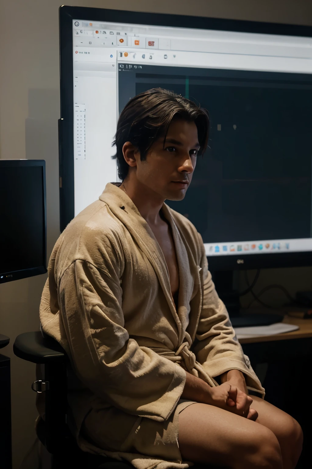 A picture of a trader wearing a robe sitting looking at a monitor