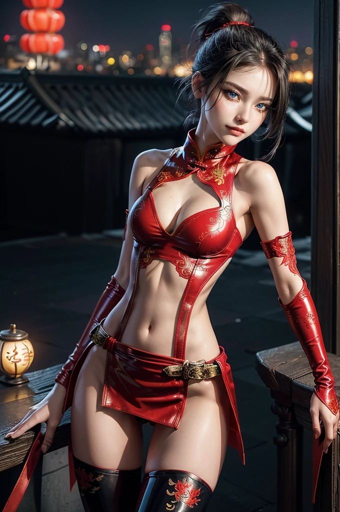(RAW photo, best quality), Cute girl with short black hair, (ponytail), (city roof at night background), low light , dark eyeliner, cute smile, gorgeous face , super cute, 18 years old , young looking, hyper detailed face, dark eyeliner, (medium breast), (thin waist, super slender), (bare shoulders, (exposed hips), skintight and red PVC qipao china dress with yellow dragon decoration and vivid patterns, deep black leather thigh high boots, red PVC arm sleeves with yellow flower decorations and vivid patterns, cleavage, ((both hands on waist)), one leg in front of the other, (((very extremely small small navel exposure))), (metal silver belt)