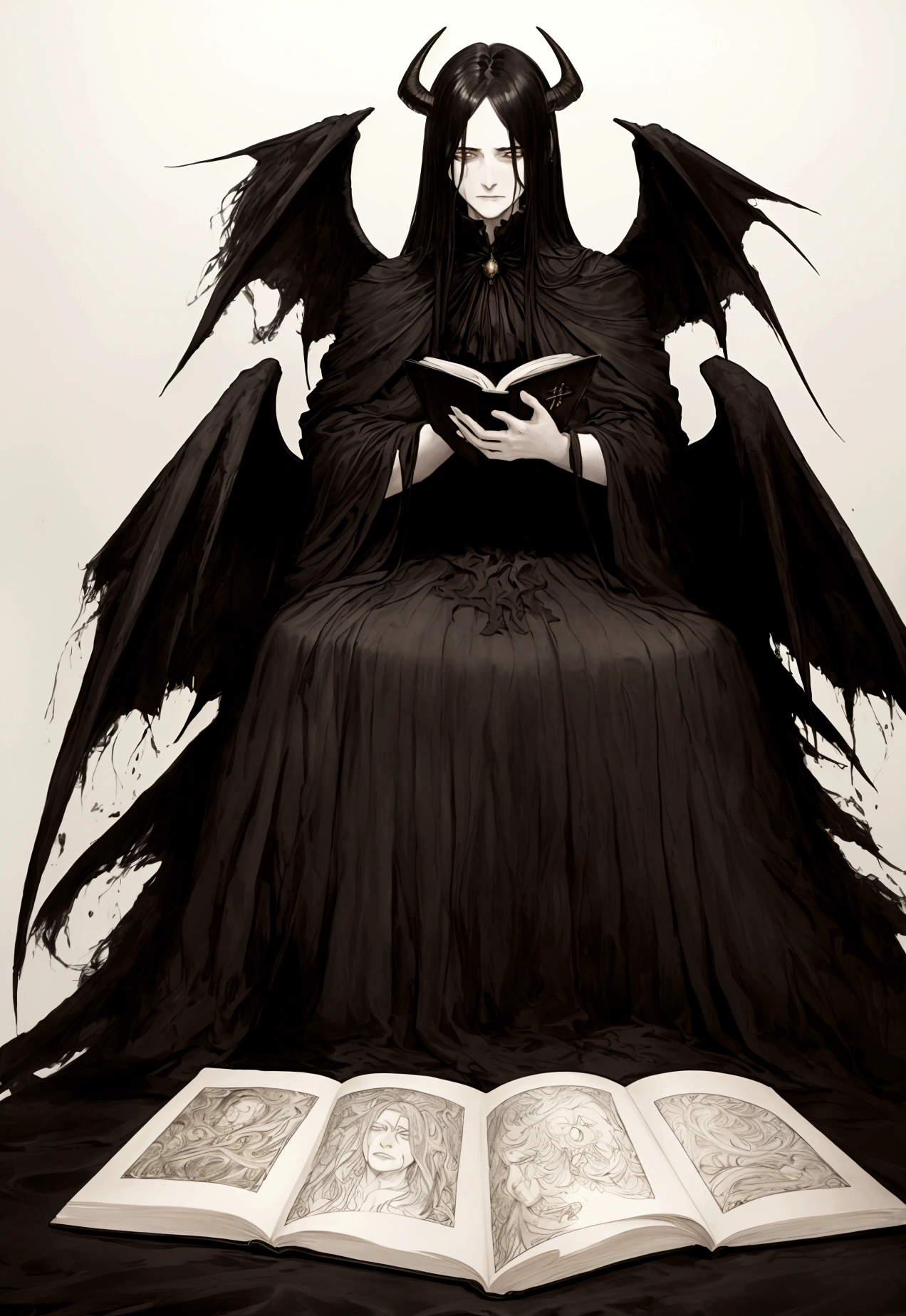 work of art:1.2, best qualityer, ultra detaild, mascle, focused, celestial demon wizard, Youngh, serious, chilly, horns on her head and a shining golden halo behind her symbolizing her celestial and demonic duality, two large black wings that combine bright plumes with a dark and threatening appearance, black hair, kentaro miura style, fancy, Sci-fi, light background, a painting of a man in a black robe sitting in a wheelchair, holding an open ancient magical book, Dress him in dark, majestic robes with golden details, black hair, dark haired, demonic angel, black feathers, inspired by Edmundo Blampied, inspired by Nicola Samori, inspired by Pietro Longhi, by Nicola Samori, by Edmundo Blampied, Direction: Stephen Gammell, Estilo Stephen Gammell, sinister figure in the background, Direction: Leonaert Bramer, Direction: Johann Kaspar Füssli .