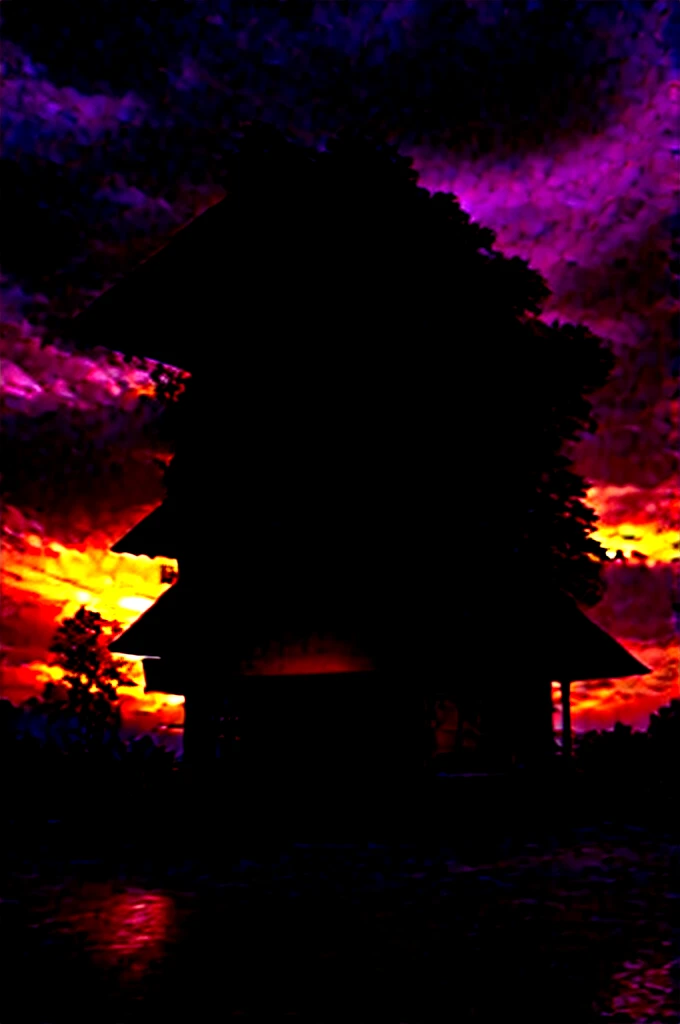 A stunning fantasy landscape with a magical tree house against a dramatic, fiery sunset sky. Detailed, photorealistic, cinematic lighting, vibrant colors, octane render, trending on artstation. With HD quality and in the ration of 9:16