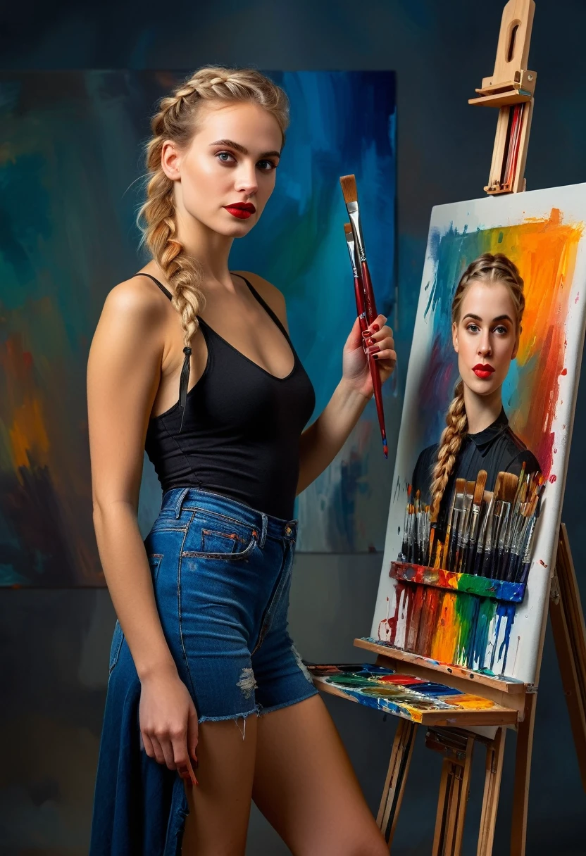 sexy cyborg woman, full-length, standing, beautiful face, expressive eyes, red lips, French braid, blonde hair, oil paints, self-portrait, easel, paintbrushes, art studio, natural lighting, vibrant colors, detailed brushstrokes, realistic rendering, professional artist, creative process, confident posture, artistry, fashionable outfit, perfect composition, exquisite technique, captivating gaze, artistry, alluring atmosphere, unique style, feminine charm, stunning artwork, high resolution, 4k image, dynamic background, flawless details, masterful strokes, harmonious color palette.