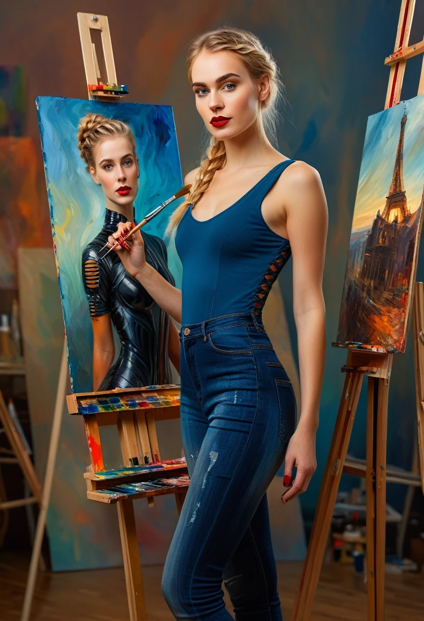 sexy female cyborg artist, full length, blonde hair, french braid, standing by easel, painting self-portrait, in oil paints, best quality, high quality, masterpiece, absurdres, beautiful body, magnificent anatomy, 4k, 8k, HDR, high quality, absurdity, masterpiece, Beautiful, complex parts, 1/2 body trims, slender body, Beautiful figure, Magnificent Anatomy, (complex parts:1.12), HDR, (complex parts, hyper detail:1.15), (natural skin textures, hyperrealistic, soft light, spicy:1.2)