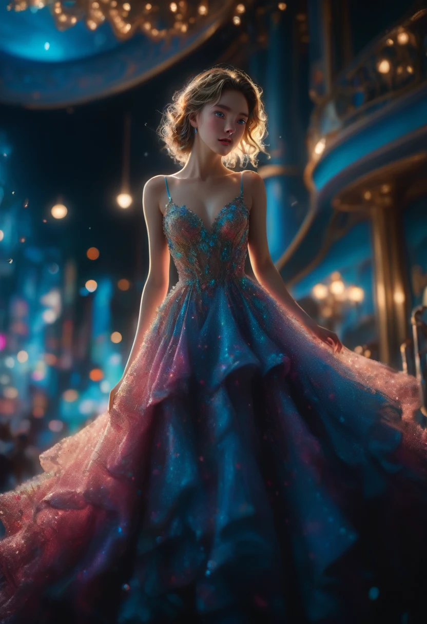 Evening Dress, theater, by Tyler Shields and Brandon Woelfel, 35mm photograph, bokeh, best quality, masterpiece, very aesthetic, perfect composition, intricate details, ultra-detailed