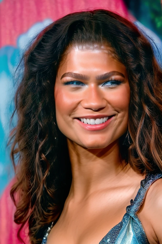 zendaya | Female | 26 years old | Wearing the Wonder Woman costume, consisting of red and blue armor with gold details, short sleeves and a skirt. Accessories: silver tiara with stars, Triforce pendant and silver bracelets. The colors and style are faithful to the character's original appearance in the Wonder Woman comic book series. Short haircut with one side shaved and the other longer, with loose curls, in black. The shaved sides add a modern and daring touch, while the long curls add an element of sophistication. The vibrant black color is the icing on the cake, making this style truly unique. Blue eyes sparkle with joy while the radiant smile reveals the teeth, creating an expression of happiness and contentment. An enchanted forest with tall trees and thick trunks, stretching up to the sky. The dense green leaves create a natural canopy, which filters the sun's rays and creates a magical light effect. The ground is covered with a carpet of colorful flowers, which open and close at the sign of the wind. Dc Comics, Comics, Wonder Woman
