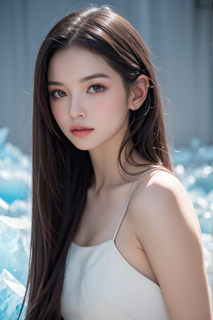 Create a full-frontal portrait of a whimsical, colorful woman reminiscent of the Moon Goddess. skin fair, young and delicate features, eyes wide open and with a very refined nose. long hair, Glossy, gravity-defying white in shades of light gray, white and azure. Hair turns into small shards of ice, creating a glacial illusion.