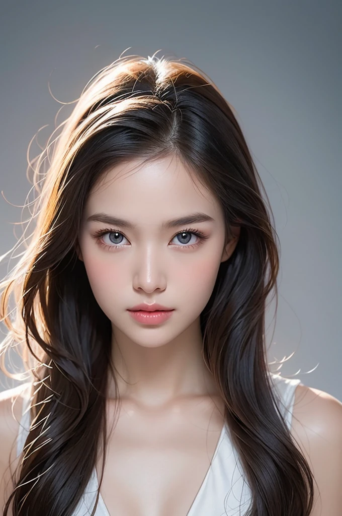 Create a full-frontal portrait of a whimsical, colorful woman reminiscent of the Moon Goddess. skin fair, young and delicate features, eyes wide open and with a very refined nose. long hair, Glossy, gravity-defying white in shades of light gray, white and azure. Hair turns into small shards of ice, creating a glacial illusion.