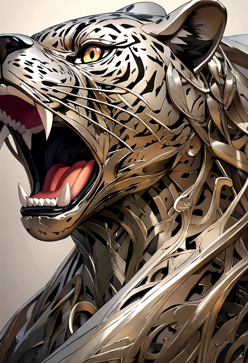 leopard with open mouth straight pencil strokes side view, sculpture made of steel sheets