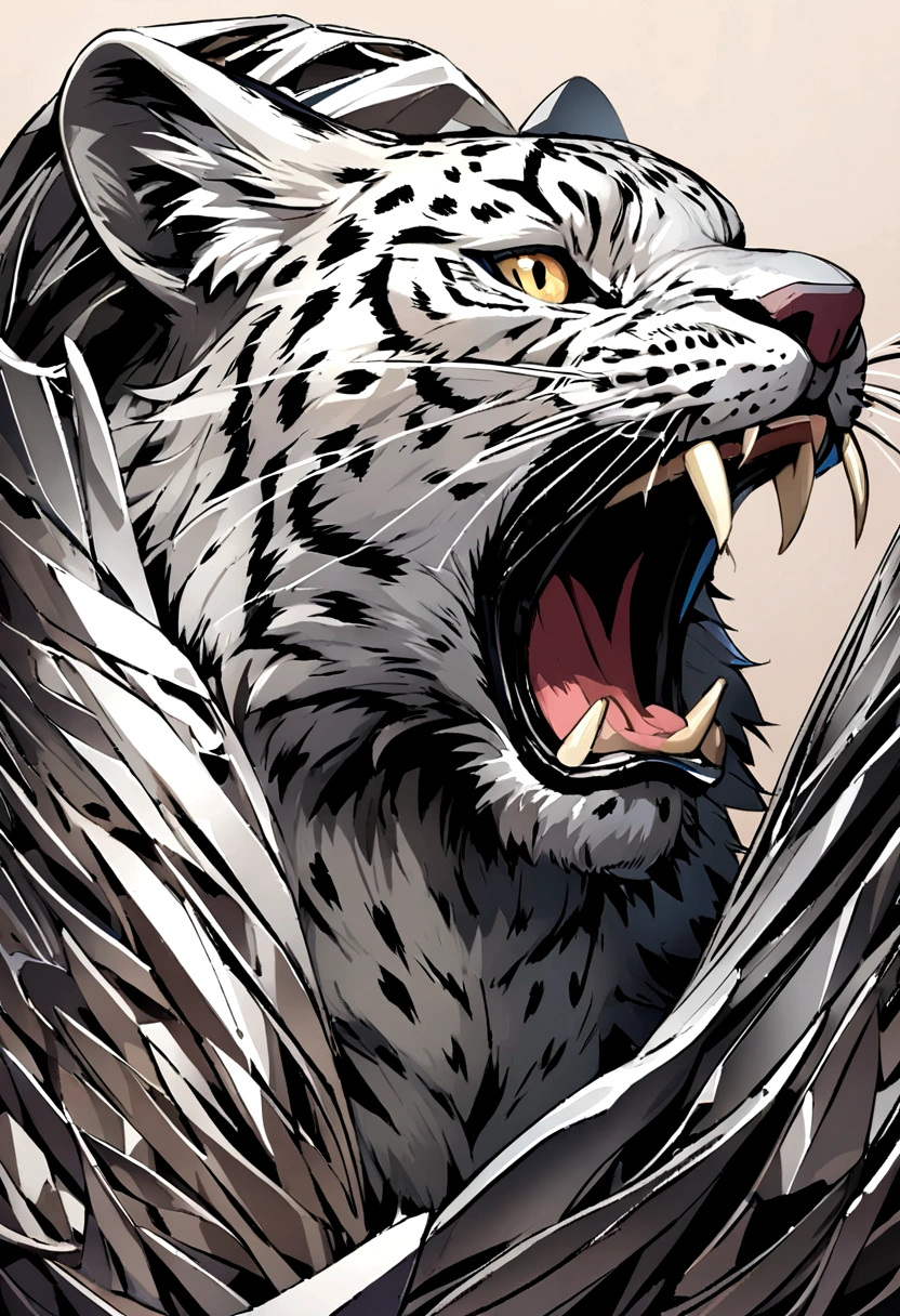 leopard with open mouth straight pencil strokes side view, sculpture made of steel sheets