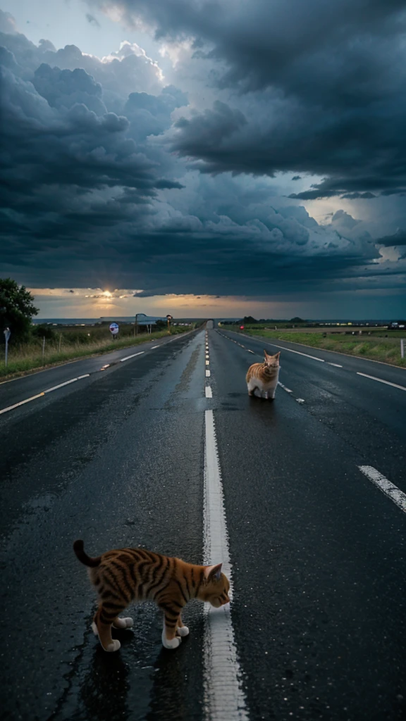 Kittens on the road and the sky is raining