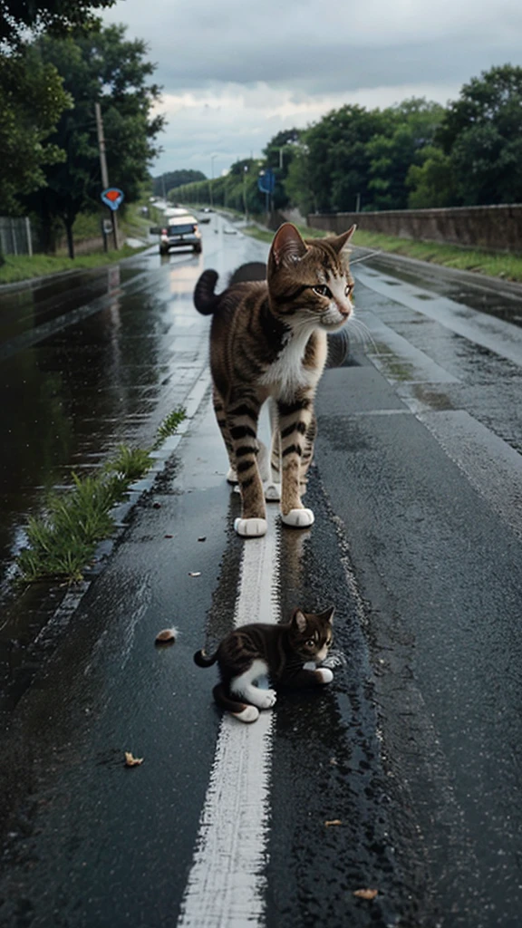 Kittens on the road and the sky is raining