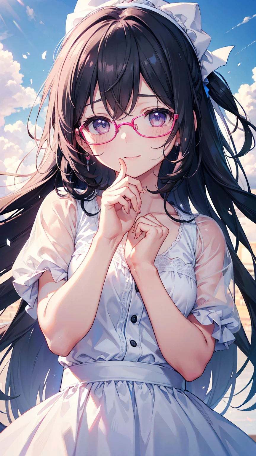 girl, Blue sky and white clouds, wearing silver glasses, happy, happy, cheeks flushed, black hair, Wearing a pink bow headband, perfect quality, Clear focus (Clutter - Home: 0.8), (masterpiece: 1.2) (actual: 1.2) (Bokeh) (best quality) (Delicate skin: 1.3) (Intricate details) (8K) (Detail eyes) (sharp focus), (happy)