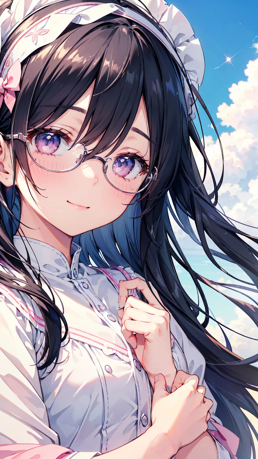 girl, Blue sky and white clouds, wearing silver glasses, happy, happy, cheeks flushed, black hair, Wearing a pink bow headband, perfect quality, Clear focus (Clutter - Home: 0.8), (masterpiece: 1.2) (actual: 1.2) (Bokeh) (best quality) (Delicate skin: 1.3) (Intricate details) (8K) (Detail eyes) (sharp focus), (happy)