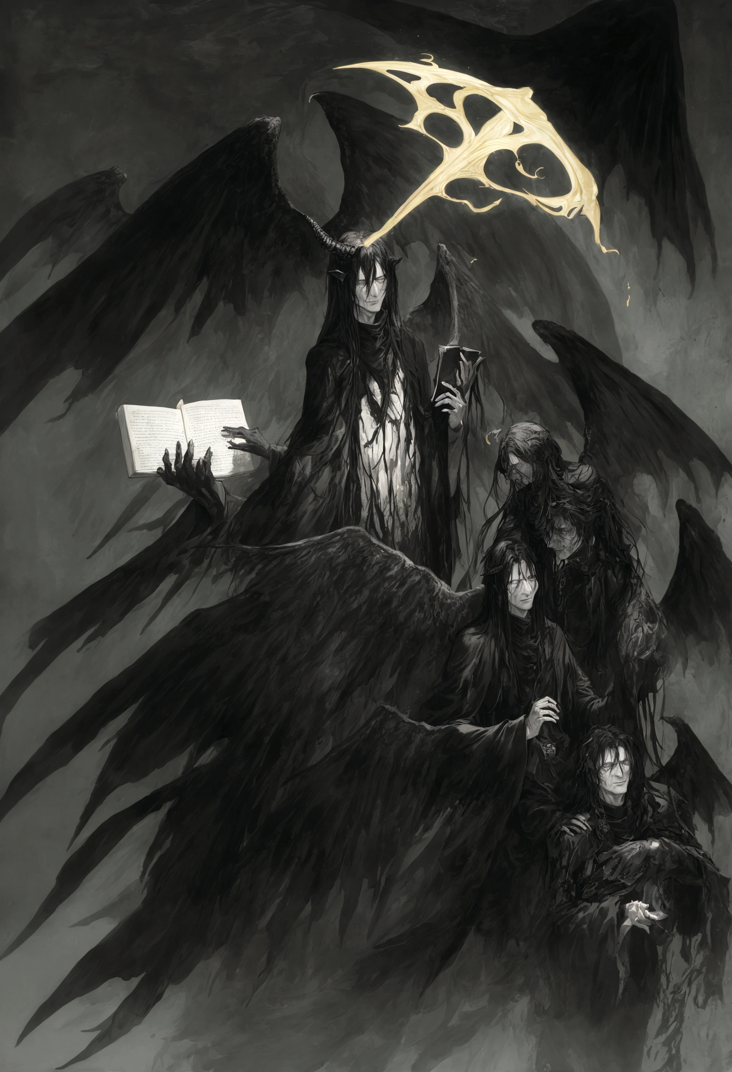 work of art:1.2, best qualityer, ultra detaild, mascle, focused, celestial demon wizard, Youngh, serious, chilly, horns on her head and a shining golden halo behind her symbolizing her celestial and demonic duality, two large black wings that combine bright plumes with a dark and threatening appearance, black hair, kentaro miura style, fancy, Sci-fi, light background, a painting of a man in a black robe sitting in a wheelchair, holding an open ancient magical book, Dress him in dark, majestic robes with golden details, black hair, dark haired, demonic angel, black feathers, inspired by Edmundo Blampied, inspired by Nicola Samori, inspired by Pietro Longhi, by Nicola Samori, by Edmundo Blampied, Direction: Stephen Gammell, Estilo Stephen Gammell, sinister figure in the background, Direction: Leonaert Bramer, Direction: Johann Kaspar Füssli .