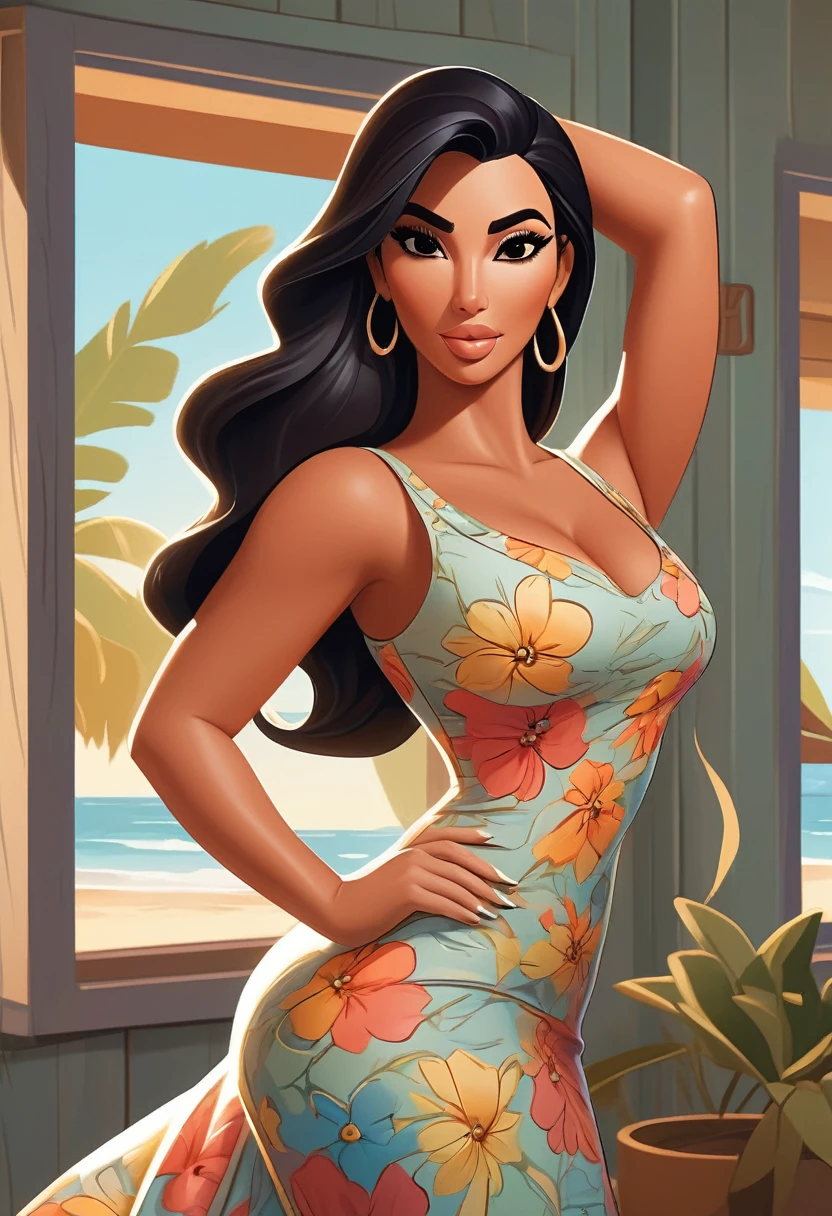 Art inspired by John Buscema, Pinup poster of a Hawaiian woman, longwavy hair, brownhair, black eyes, corpo delgado, medium breasts, new, Unclothed, YOUNG MAIDEN, pretty, attractive and seductive, standing, holding a flower necklace, fully body, isometric front view,
