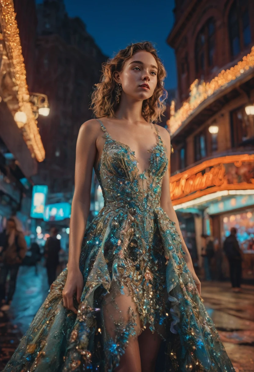 Evening Dress, theater, by Helmut Newton and Brandon Woelfel, 35mm photograph, bokeh, best quality, masterpiece, very aesthetic, perfect composition, intricate details, ultra-detailed