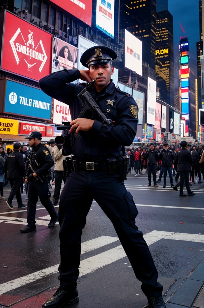 Guy gets shot by a person in times square. The gun is still pointed at him. 