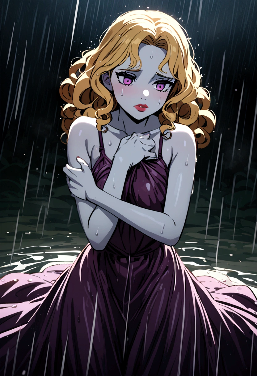 A young girl with curly blonde hair, violet eyes, pale skin, reddish lips, soaked in the rain, with her  dress clinging to her body, in a sexual pose 