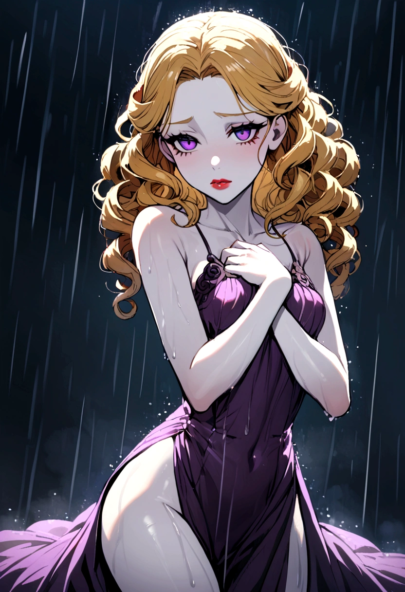 A young girl with curly blonde hair, violet eyes, pale skin, reddish lips, soaked in the rain, with her dress clinging to her body, in a sexual pose