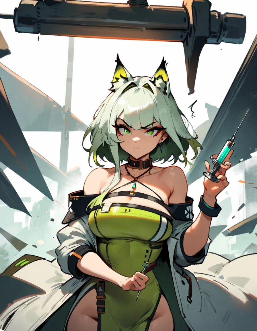 1girl, kal'tsit \(arknights\), arknights \\\\\ masterpiece, best quality, very aesthetic, absurdres, newest \\\\\\ slim body,///// ,by nyantcha,cutesexyrobutts , by khyle,,////// ,,,, , ,,detailed face, , ,, , , , , beautiful face, (white background:1.2), , sexy, , serious.angry, green eyes, animal ears, , ,,,big tits,), in the center of the frame,,, ,wears a lab coat, ,Holding a syringe , solo