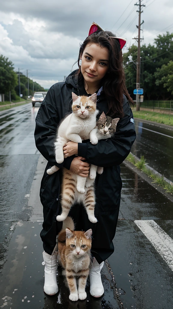 Kittens on the road and the sky is raining