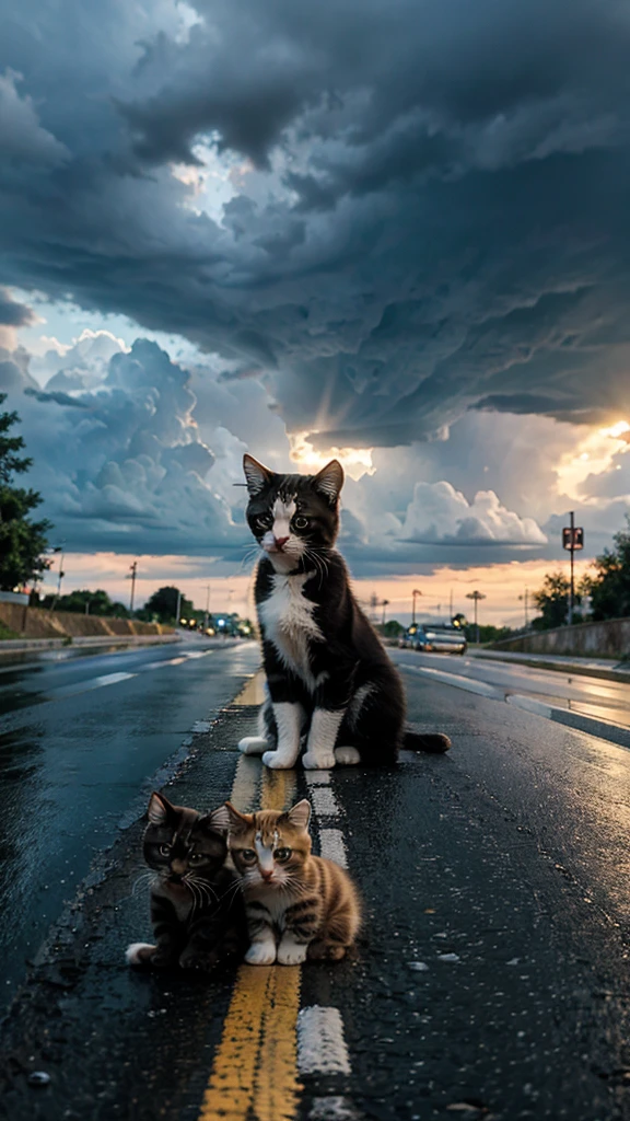 Kittens on the road and the sky is raining