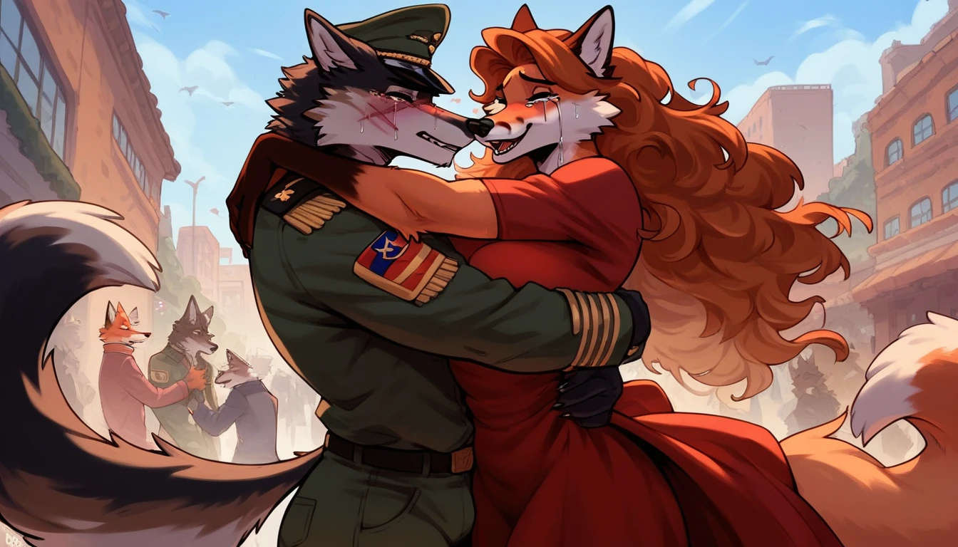 score_9, score_8_up, score_7_up, city, town park square, daytime, crowd on background, sunny, happy, joyful, love, reunion, face to face, (kissing:0.5)

((fox:1.2), anthro, female, dark brown fur, long flowing hair, beautiful, wearing a dress, crying tears of joy, hugging, being lifted, feet off the ground)

((wolf:1.2), anthro, male, black fur, (scars, wounds), (wearing a military uniform, pants and hat), strong, lifting, loving expression)