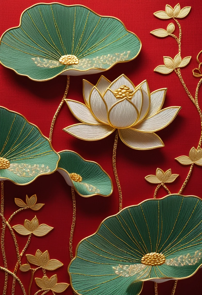 Lotus,Summer Solstice Theme,Chinese embroidery craft,Gold plating,Flowing gold,Minimum Color Gamut,Hand Painted,blank,Organic form,Simple red background,atmosphere,Magnificent and noble,